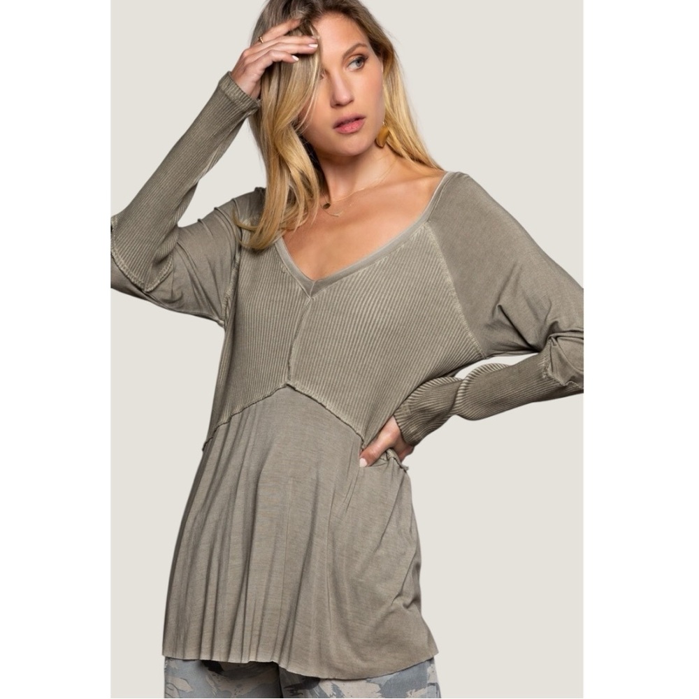 POL Ribbed V Neck Top Mineral Wash L